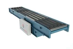Sortation conveyor system with a blue structural frame, designed to automatically divert and guide packages to different destinations.